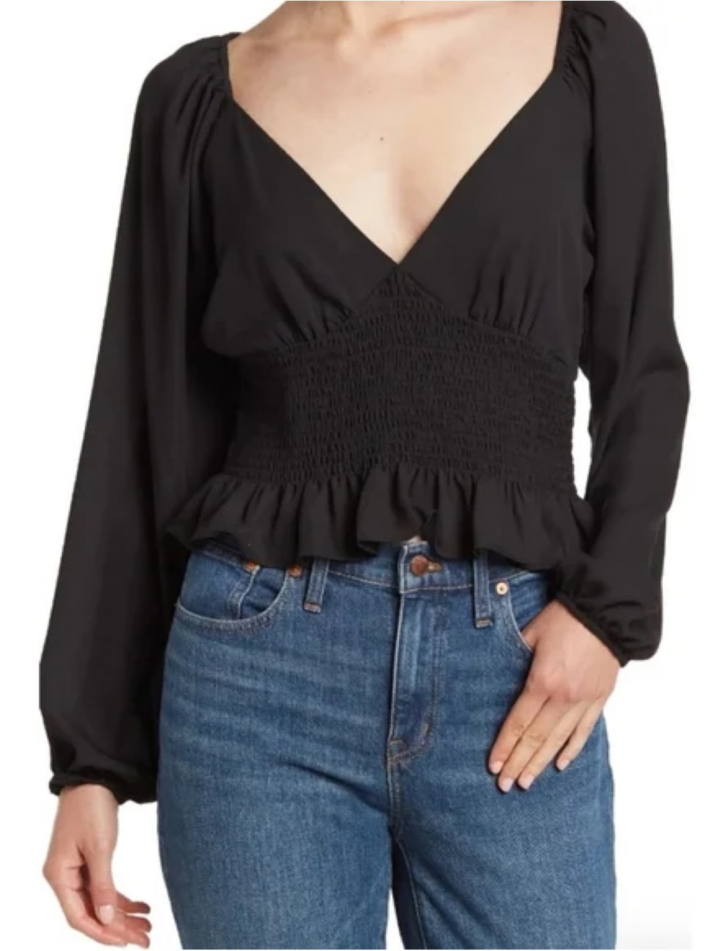 Wayf Black Smocked Peplum V-Neck Long Sleeve Top